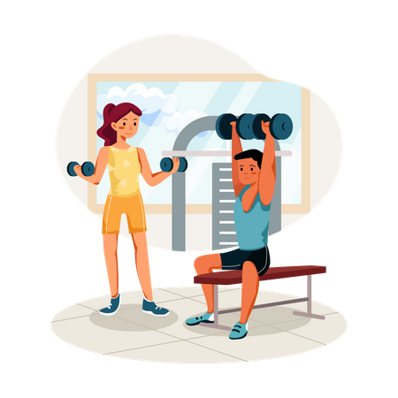 Homme et femme soulevant des poids dans une salle de sport  Illustration