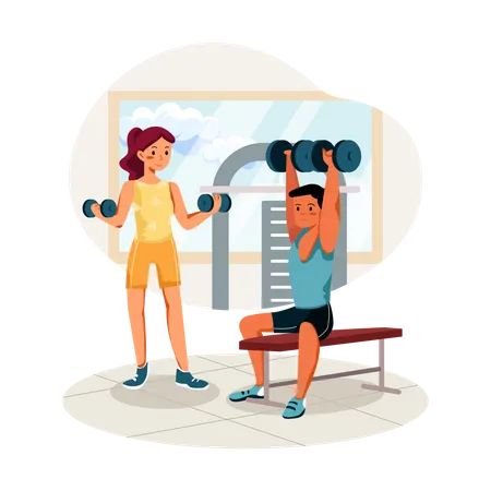 Homme et femme soulevant des poids dans une salle de sport  Illustration