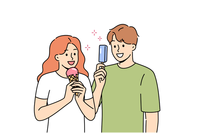 L'homme et la femme mangent de la glace pour se rafraîchir et satisfaire leur faim pendant la promenade estivale  Illustration