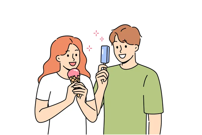 L'homme et la femme mangent de la glace pour se rafraîchir et satisfaire leur faim pendant la promenade estivale  Illustration