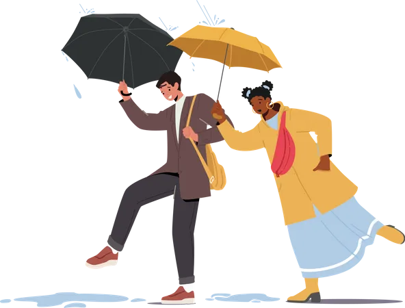 Homme et femme marchant par temps pluvieux tenant un parapluie  Illustration