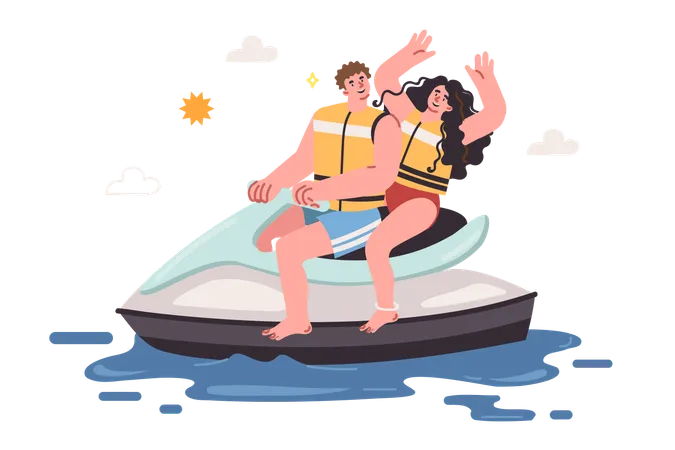 Un homme et une femme font du jet ski et passent des vacances d'été ensemble  Illustration