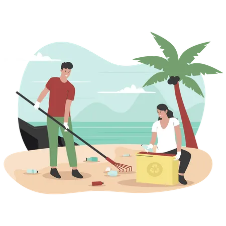 Homme et femme nettoyant la plage des déchets  Illustration