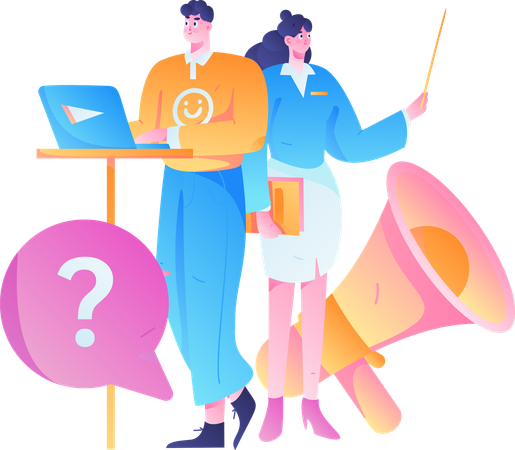 Un homme et une femme reçoivent une FAQ marketing  Illustration