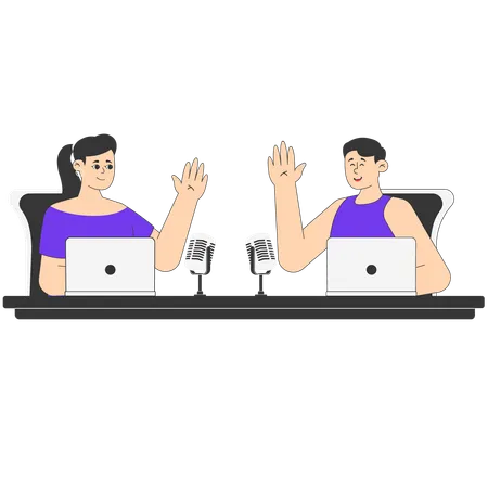 Homme et femme parlant avant de démarrer le podcast  Illustration