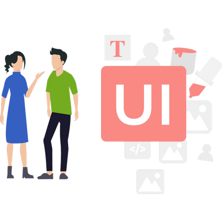 Hommes et femmes parlant de la conception ui ux  Illustration