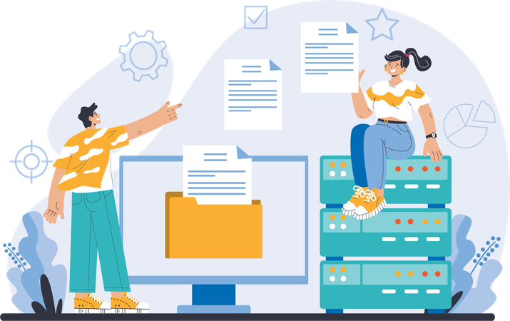 Homme et femme partageant un document sur un serveur  Illustration