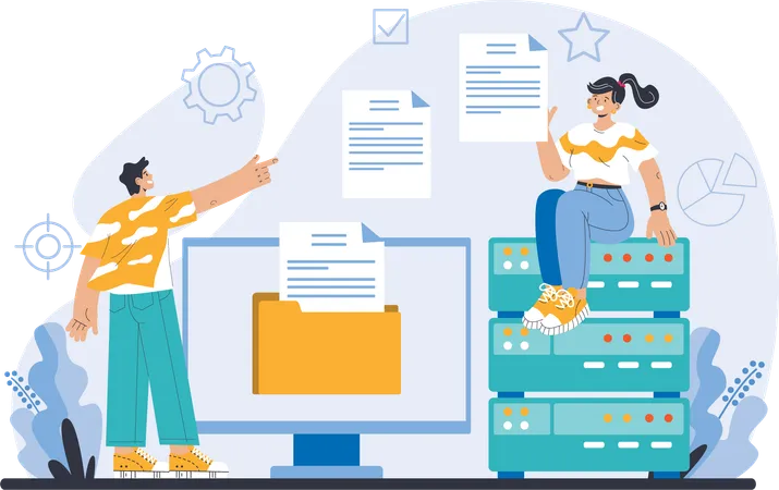 Homme et femme partageant un document sur un serveur  Illustration