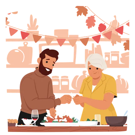 Un homme et une femme plus âgée partagent un os de dinde dans une cuisine confortable  Illustration