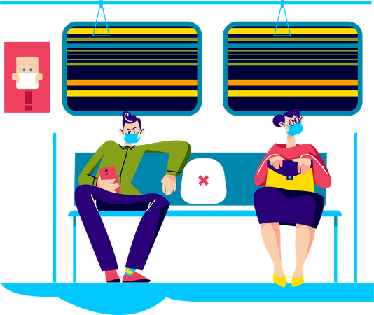 Homme et femme portant un masque dans les transports publics pour la prévention du covid-19  Illustration