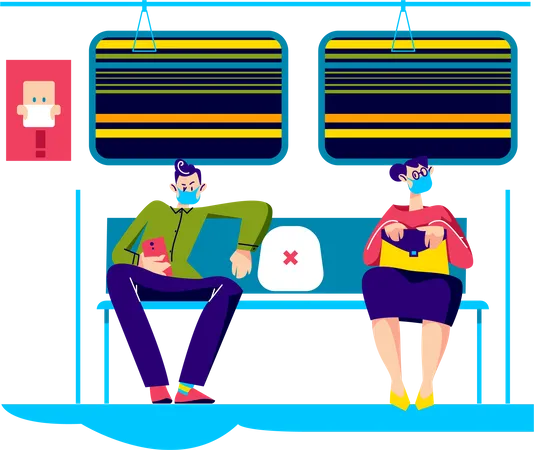 Homme et femme portant un masque dans les transports publics pour la prévention du covid-19  Illustration