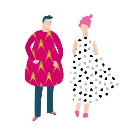 Homme et femme portant une robe de fruits  Illustration