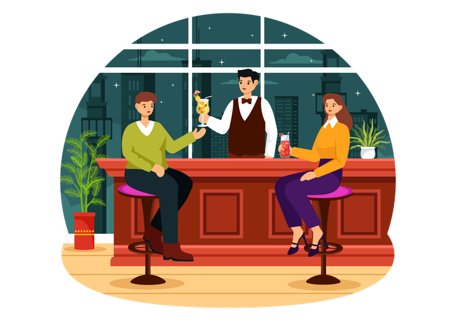 Homme et femme appréciant un verre au bar à cocktails  Illustration