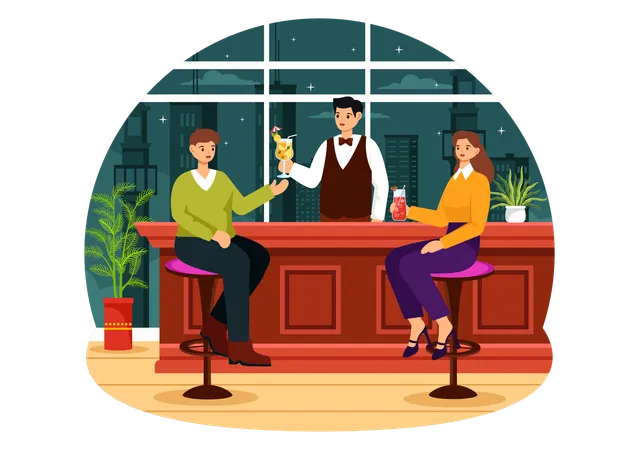 Homme et femme appréciant un verre au bar à cocktails  Illustration