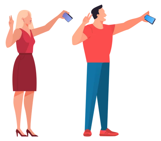 Homme et femme prenant une photo sur mobile  Illustration