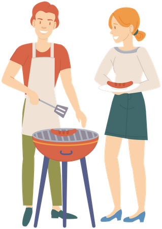 Homme et femme préparant un steak pour un pique-nique  Illustration