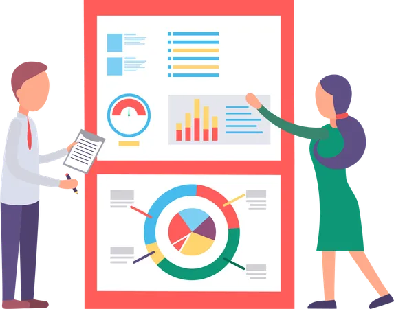 Homme et femme présentant des graphiques d'analyse commerciale  Illustration