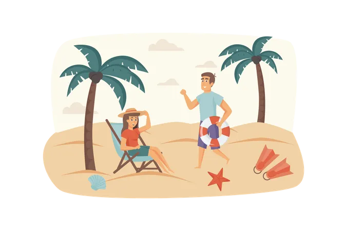 Homme et femme se reposant sur la plage au bord de la mer, allongés sur une chaise longue, bronzant  Illustration