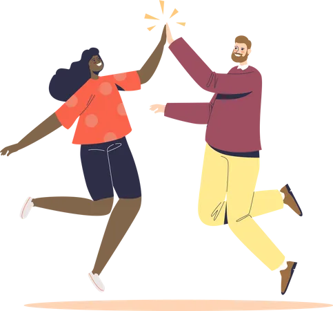 Homme et femme sautant en donnant un high five  Illustration