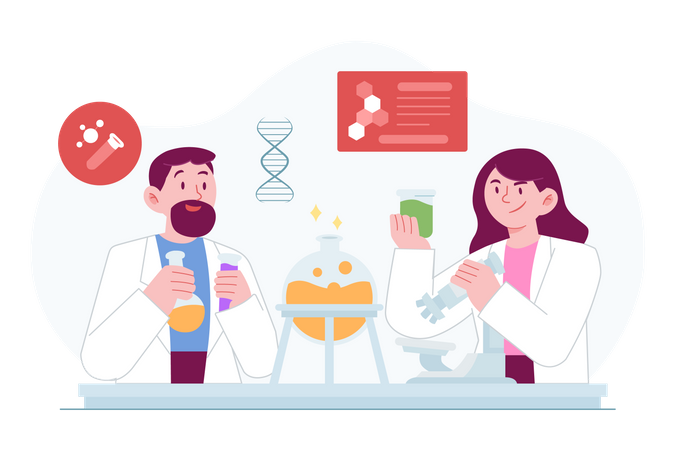 Homme et femme scientifique faisant des expériences en laboratoire  Illustration