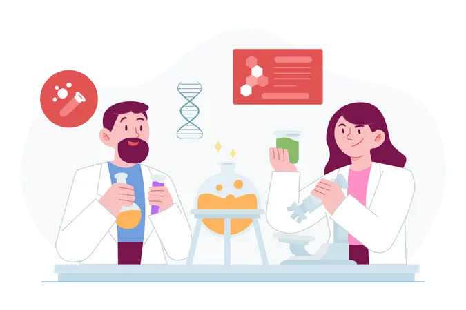 Homme et femme scientifique faisant des expériences en laboratoire  Illustration