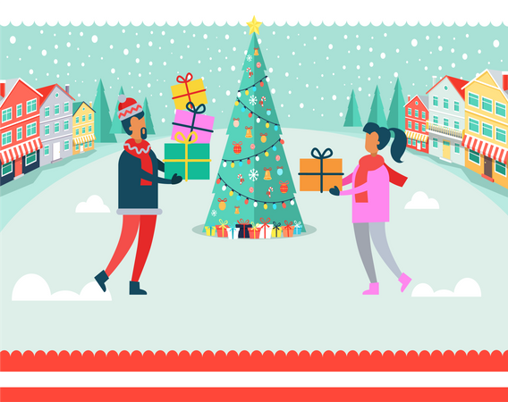 Homme et femme se donnant des cadeaux à Noël  Illustration