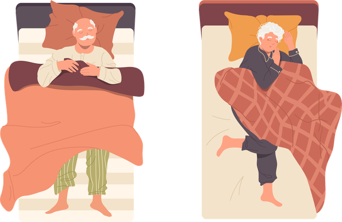 Homme senior détendu et femme dormant dans son lit  Illustration