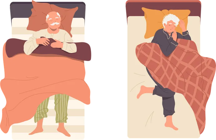 Homme senior détendu et femme dormant dans son lit  Illustration