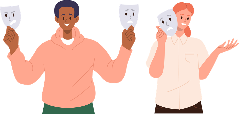 Homme et femme souriants tenant un masque avec une triste émotion  Illustration