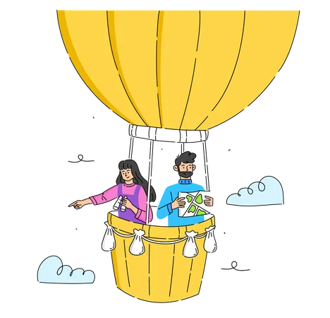 Homme et femme sur une montgolfière  Illustration