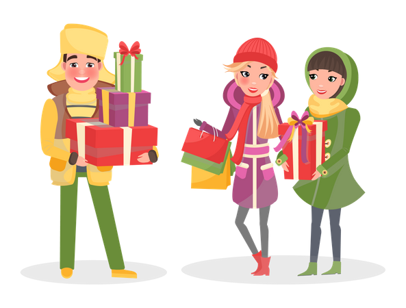 Homme et femme tenant des cadeaux  Illustration