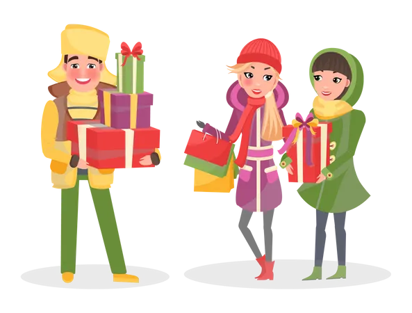 Homme et femme tenant des cadeaux  Illustration