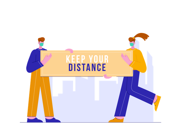 Homme et femme tenant une bannière de garder vos distances  Illustration