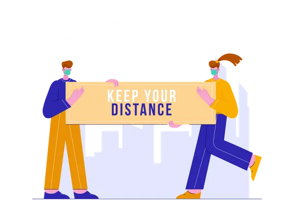 Homme et femme tenant une bannière de garder vos distances  Illustration