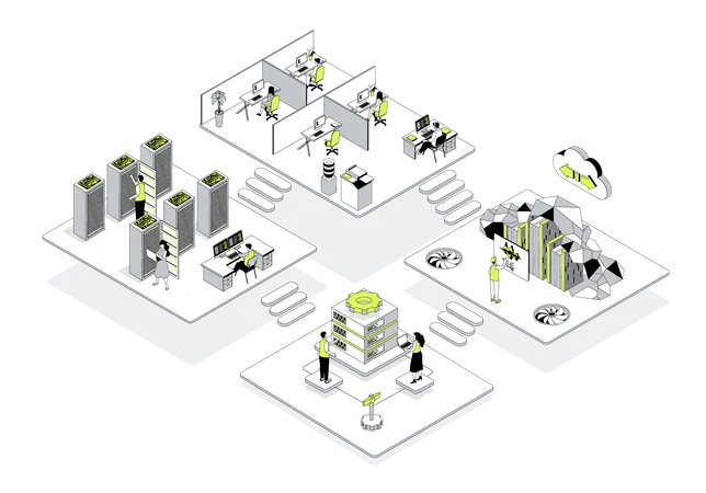 Homme et femme travaillant au centre de données  Illustration