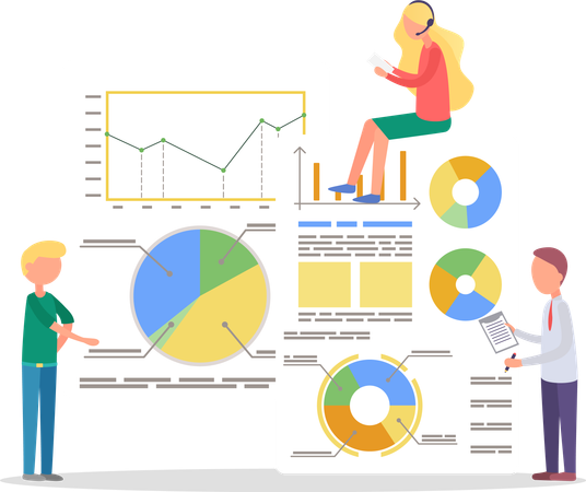 Homme et femme travaillant sur des graphiques d'analyse commerciale  Illustration