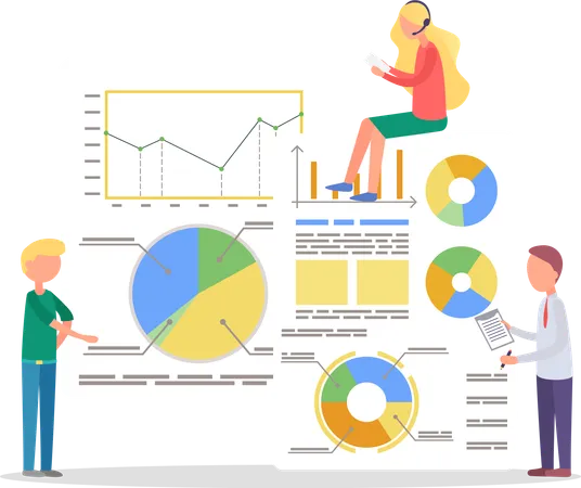 Homme et femme travaillant sur des graphiques d'analyse commerciale  Illustration