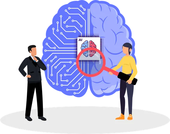 Homme et femme travaillant sur la technologie du cerveau AI  Illustration