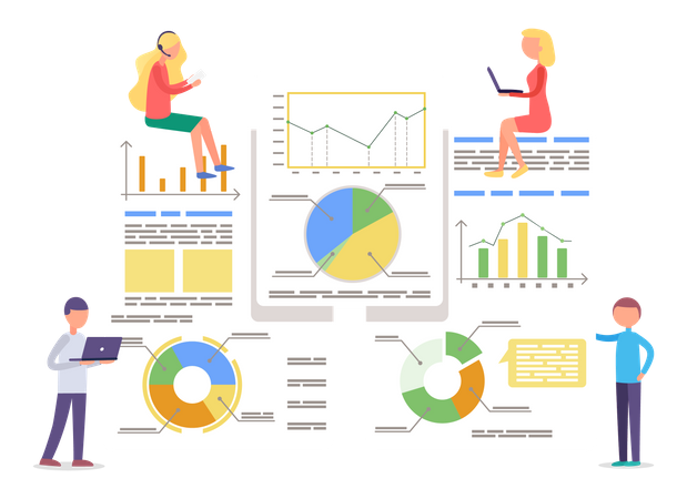 Homme et femme travaillant sur l’analyse des données  Illustration