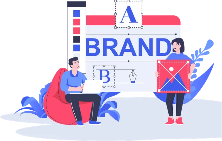 Homme et femme travaillant sur le marketing de marque  Illustration