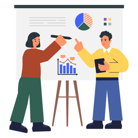 Homme et femme d'affaires travaillant sur une présentation commerciale  Illustration