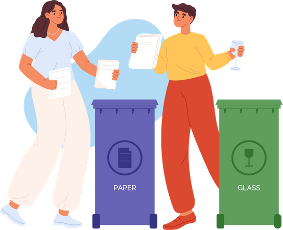 Homme et femme triant les déchets de papier de verre pour les recycler  Illustration