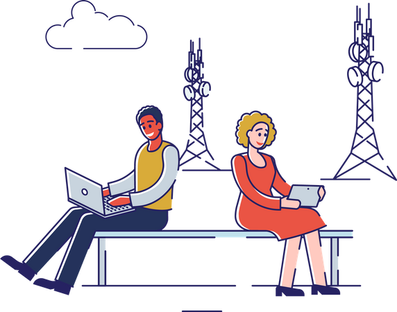 Homme et femme utilisant la technologie Internet haut débit pour la communication et les gadgets  Illustration