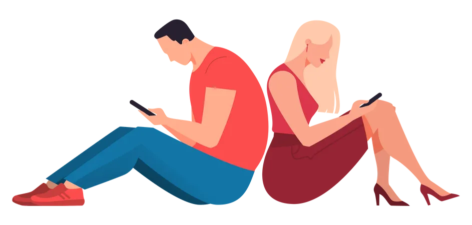 Homme et femme utilisant un mobile alors qu'ils étaient assis sur le sol  Illustration