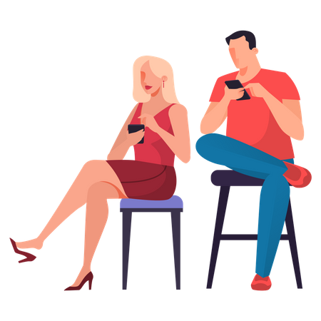 Homme et femme utilisant un mobile assis sur une chaise  Illustration