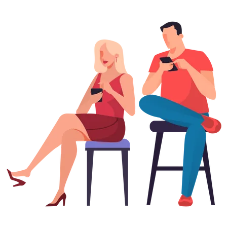 Homme et femme utilisant un mobile assis sur une chaise  Illustration