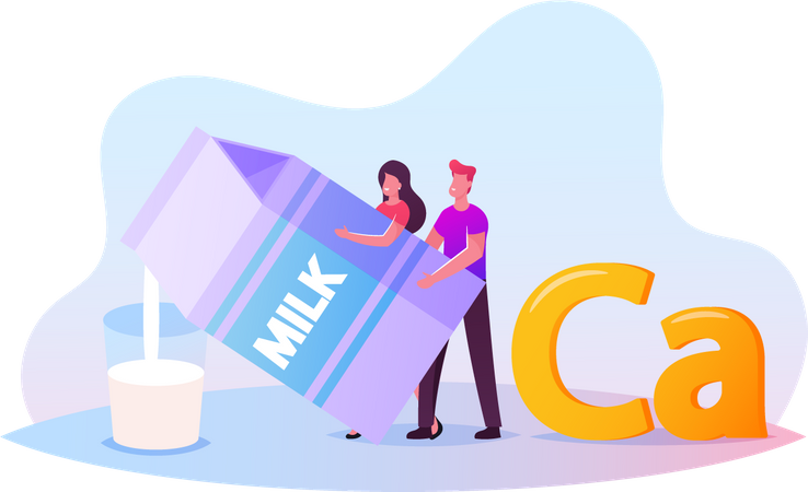 Homme et femme versant du lait à partir d'un énorme paquet pour boire  Illustration