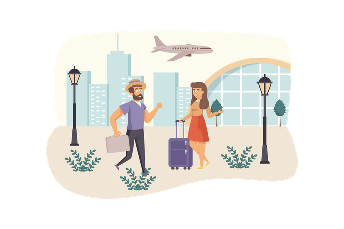 Les voyageurs hommes et femmes avec bagages se rendent à l'aéroport  Illustration
