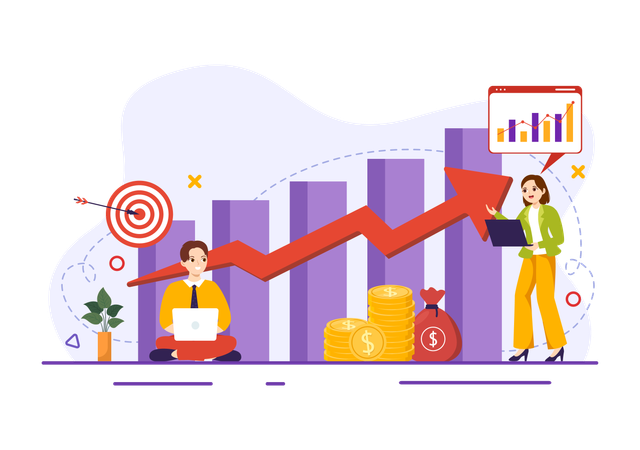 Homme et fille effectuant une analyse des ventes  Illustration