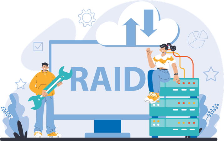 Homme et fille travaillant sur RAID  Illustration